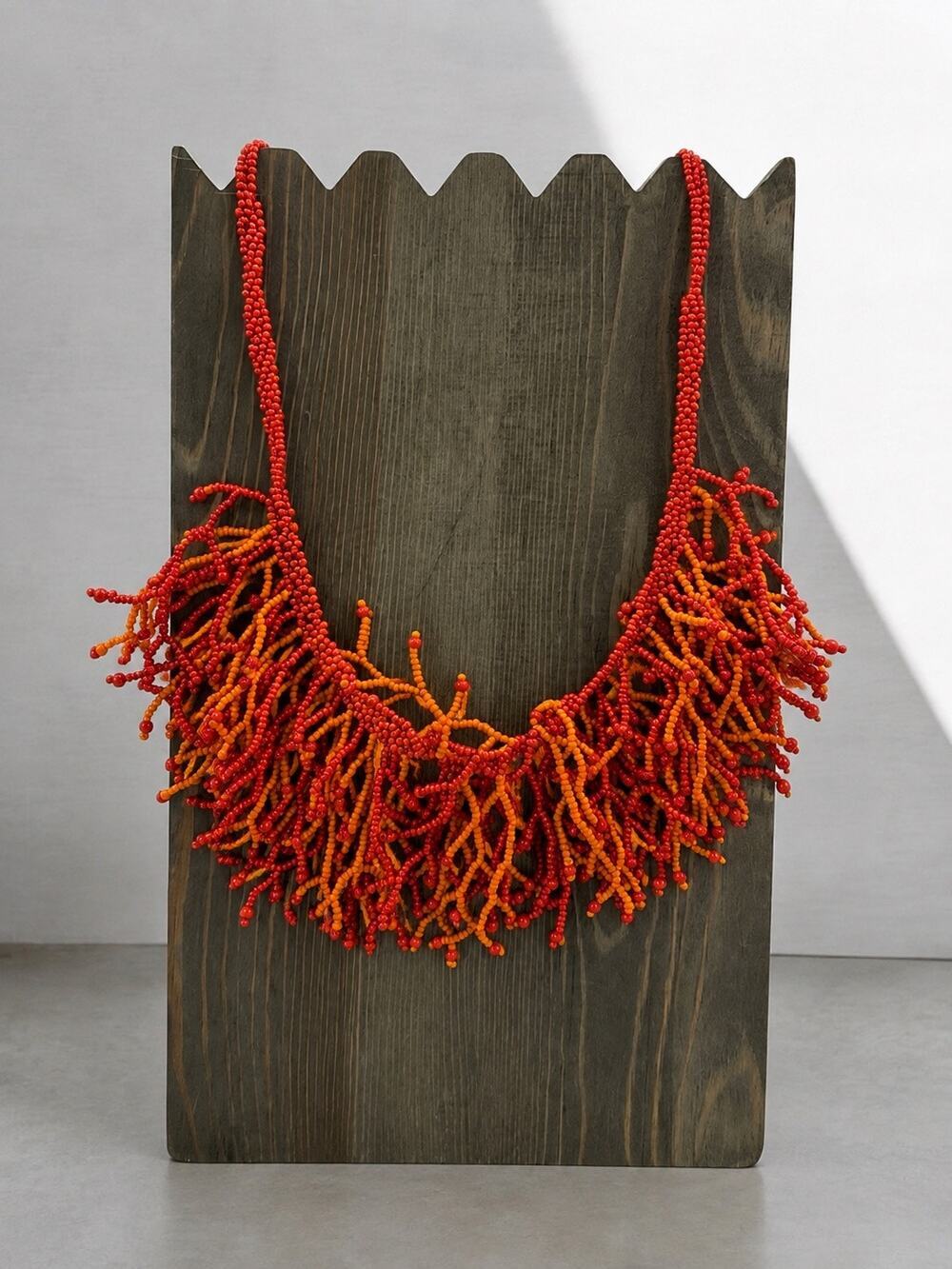 Red Orange Seed Bead Fringe Bib Statement Necklace
